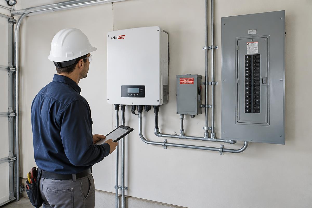 Electrician reviewing an inverter and service panel